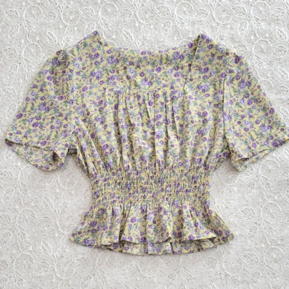 Shein Floral Shirred Waist Peplum Blouse S